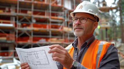Construction worker in hard hat and vest studying building plans at site.