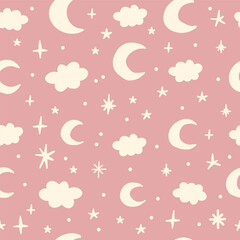Bohemian baby seamless pattern. Cute baby boho seamless pattern with simple moons. Soft colors universe surface design for kids fabric and nursery decor. Gender neutral design. Vector Illustration