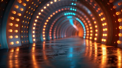 Futuristic tunnel with illuminated circular, conveying a sense of modern architecture or sci-fi environment. - obrazy, fototapety, plakaty