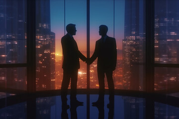 Fototapeta na wymiar silhouette of two people making a deal. successful business agreement contract dealing businessman. double exposure financial consultant and client shaking hands. Generative AI