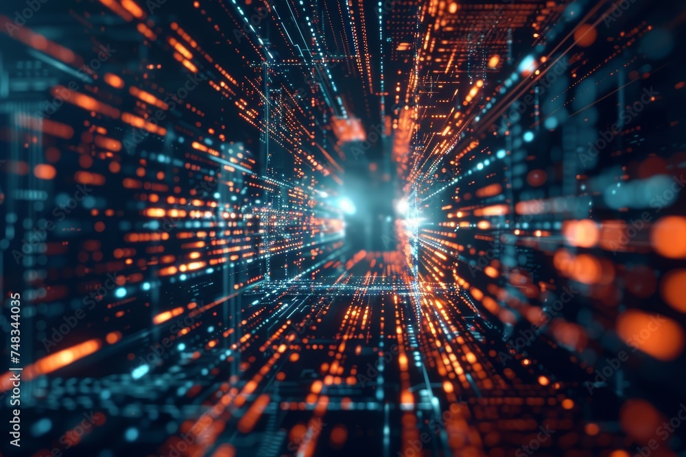 Poster abstract digital concept of a high-speed data stream within cyberspace, featuring a perspective of g
