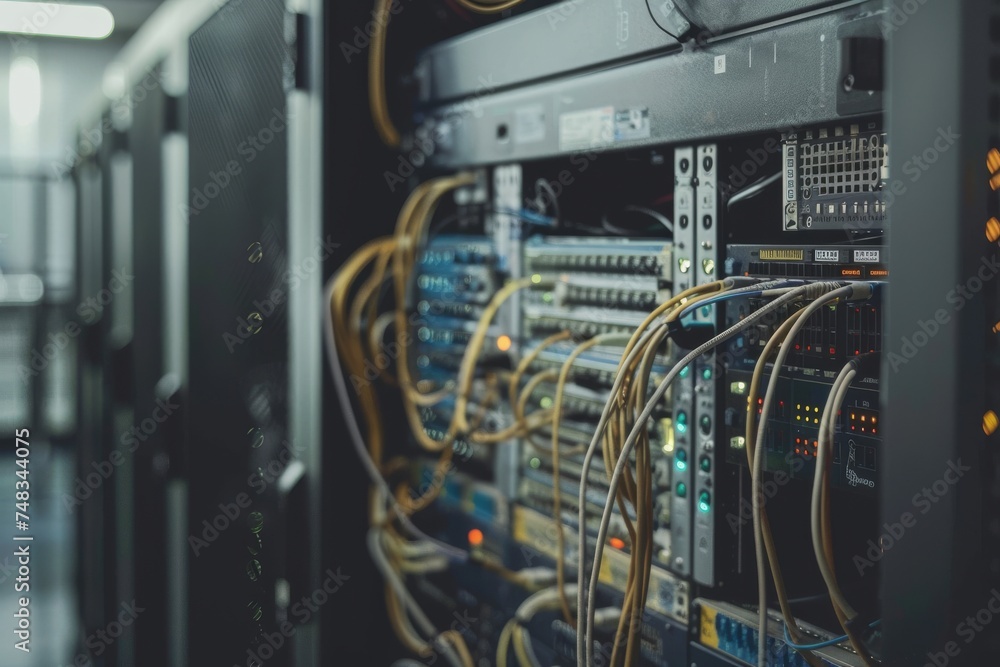 Leinwandbilder Detailed view of a high-tech network server rack in a data center featuring various cables and connections