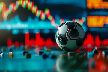 soccer ball on the background of a display with analytics and statistics graphs