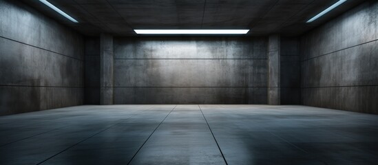 A dark and empty room with stark concrete walls illuminated by harsh overhead lights. The space appears cold and unwelcoming, devoid of any furniture or decorations.