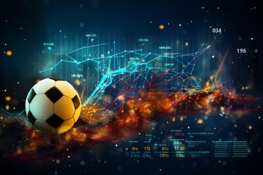 soccer ball on the background of a display with analytics and statistics graphs