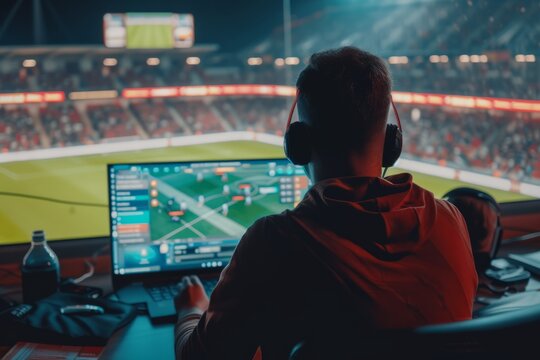 sports analyst at the monitor and football match on the background