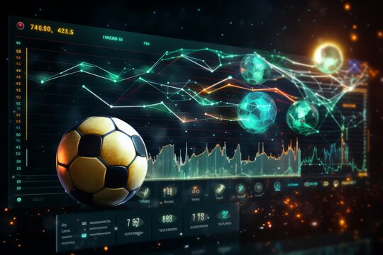 soccer ball on the background of a display with analytics and statistics graphs