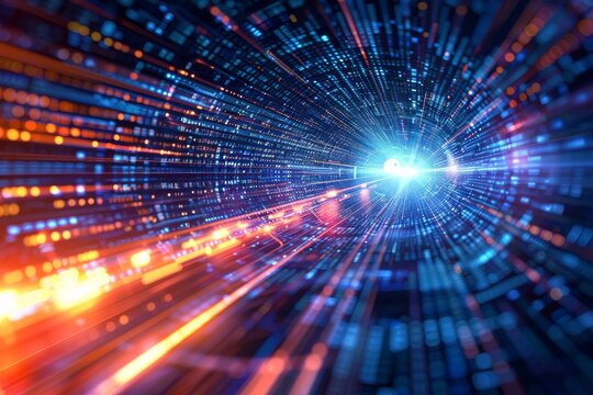 Vibrant abstract image representing high-speed data transfer on a digital information highway in cyberspace