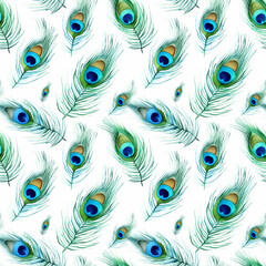 Obraz premium Watercolor Peacock Feather Seamless Pattern, Aquarelle Plumage, Watercolor Exotic Feather Tile