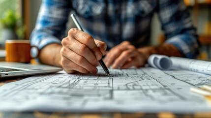 Person working on architectural drawings with pen, tablet, and blueprint. Office setting, casual professional attire. - obrazy, fototapety, plakaty