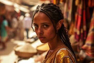 a woman with elf ears and braids - obrazy, fototapety, plakaty