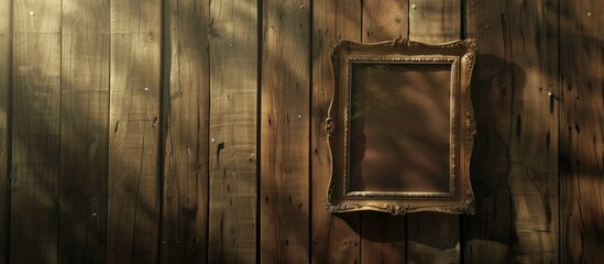 An aged picture frame is secured to a wooden wall, adding a touch of nostalgia to the room. The frame showcases intricate details and shows signs of wear, hinting at its long history.