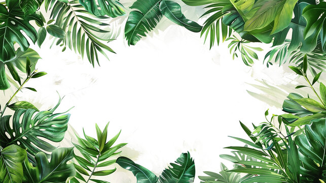 borders with greenery painting in watercolor style framing an empty text space isolated against transparent 