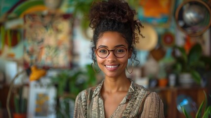 A smiling young woman with curly hair wearing glasses in a colorful room.