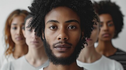 Man in focus, rest blurred. Casual attire, white and gray. Individual highlighted in group setting.