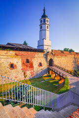 Belgrade, Serbia. Sahat Kula (Clock Tower) and Kalemegdan Fortress walls.