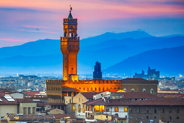 Florence, Italy. Palazzo Vecchio, Tuscany sunstet in Italy, travel destination.