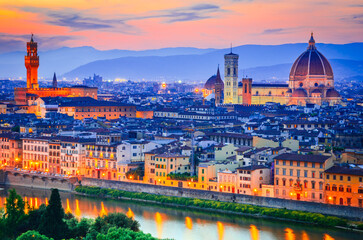 Tuscany, Italy - Florence skyline with Arno River and Palazzo Vecchio.