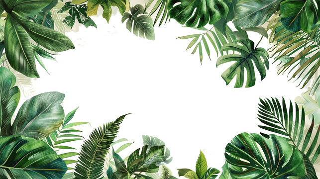 borders with greenery painting in watercolor style framing an empty text space isolated against transparent 