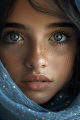 A captivating portrait of a young woman wearing a hijab with an intense and passionate look. Girl of incomparable beauty and magnetic presence.