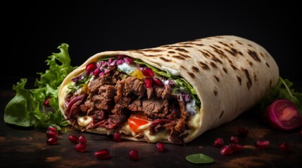 Delicious grilled shawarma sandwich with flying spices, ready to eat - advertisement menu banner