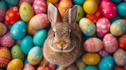 Fototapeta na wymiar A cute bunny surrounded by colorful painted Easter eggs. This image is perfect for: easter celebrations, spring season, holiday decorations.