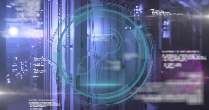 Animation of key icon and digital data processing over computer servers