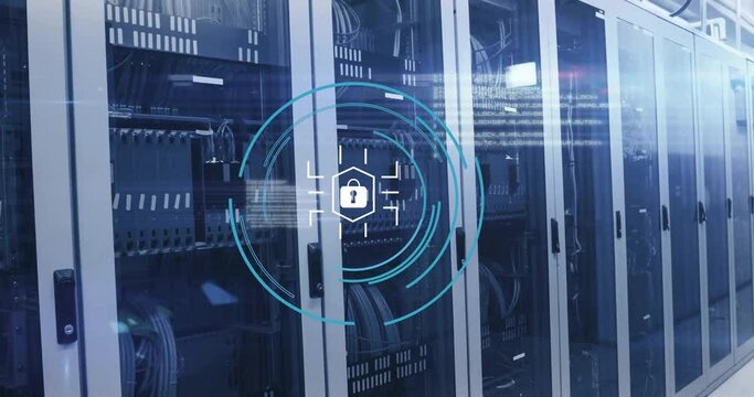 Animation of padlock icon and digital data processing over computer servers