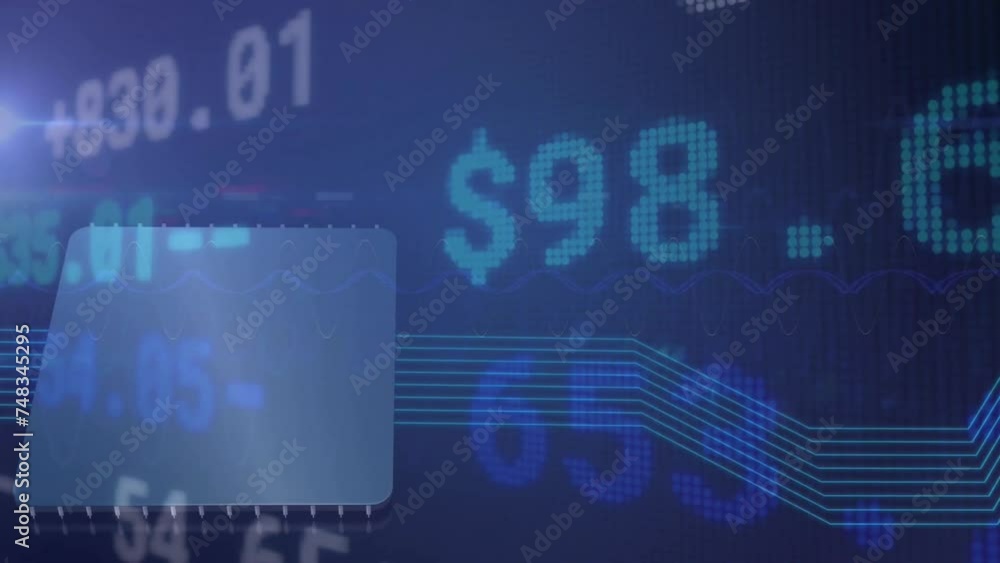 Poster animation of financial data processing over dark background