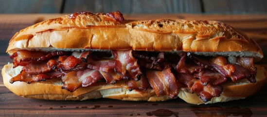 A mouthwatering bacon sandwich sits on a wooden table, showcasing crispy bacon strips, lettuce, tomato, and mayonnaise between two slices of bread. The golden brown bacon contrasts beautifully with