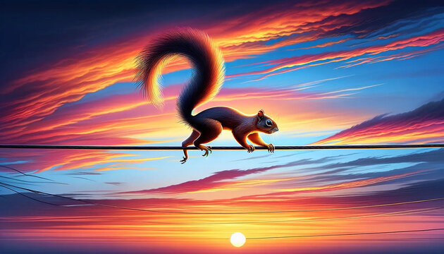 A squirrel carefully walking along a power line, set against a backdrop of a sky painted in the vibrant colors of sunrise