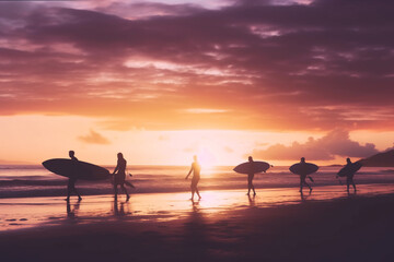 silhouette of surfers with boards on the beach against the background of a pink sunset. Generative Ai