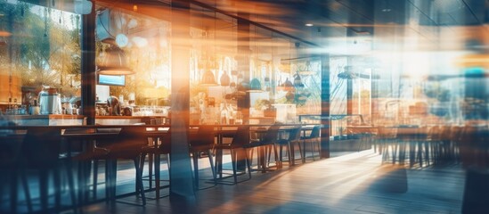 The image shows the interior of a restaurant with blurry details of tables and chairs. The setting suggests a busy eatery with patrons dining and staff moving around.