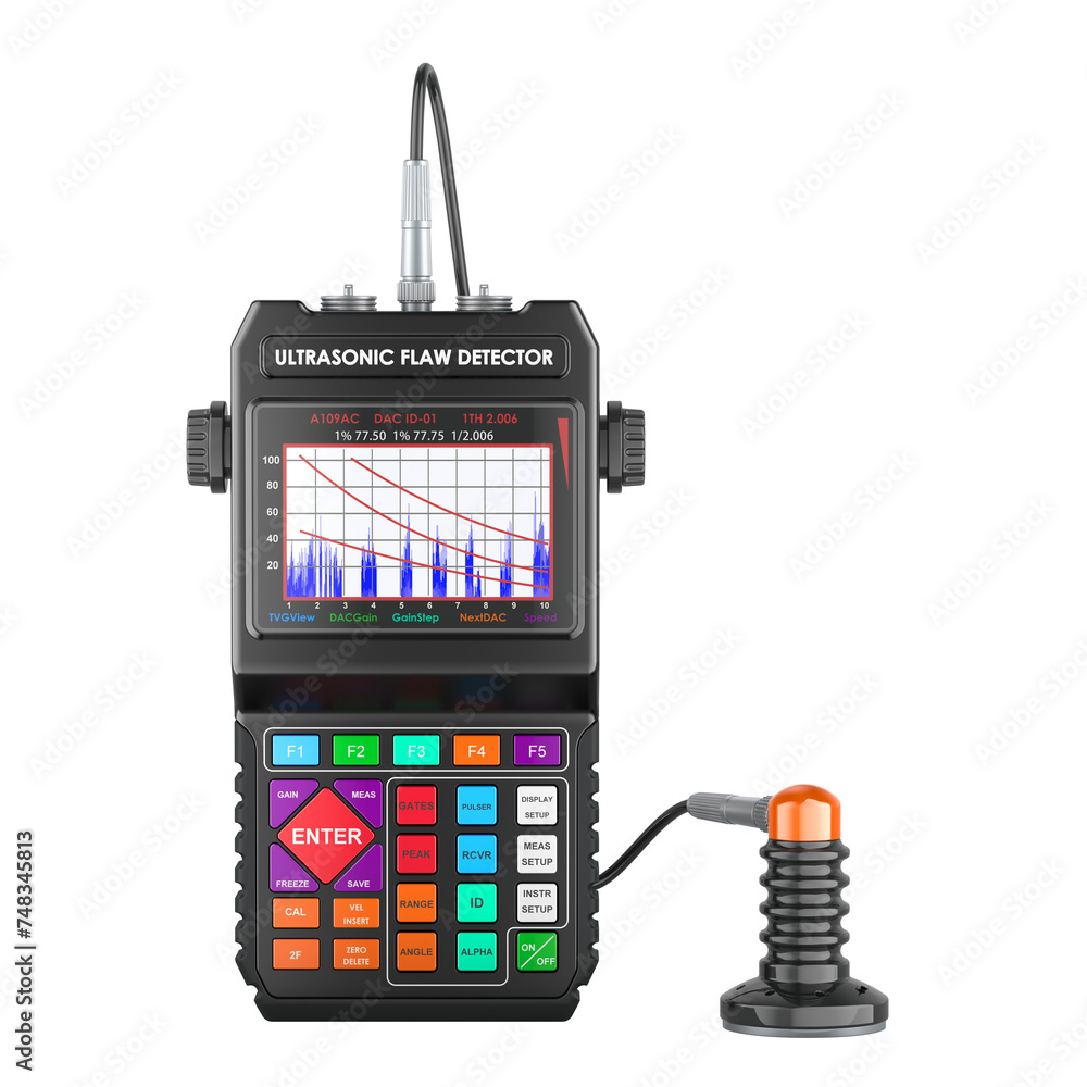 Poster ultrasonic flaw detector, front view. 3d rendering isolated on transparent background