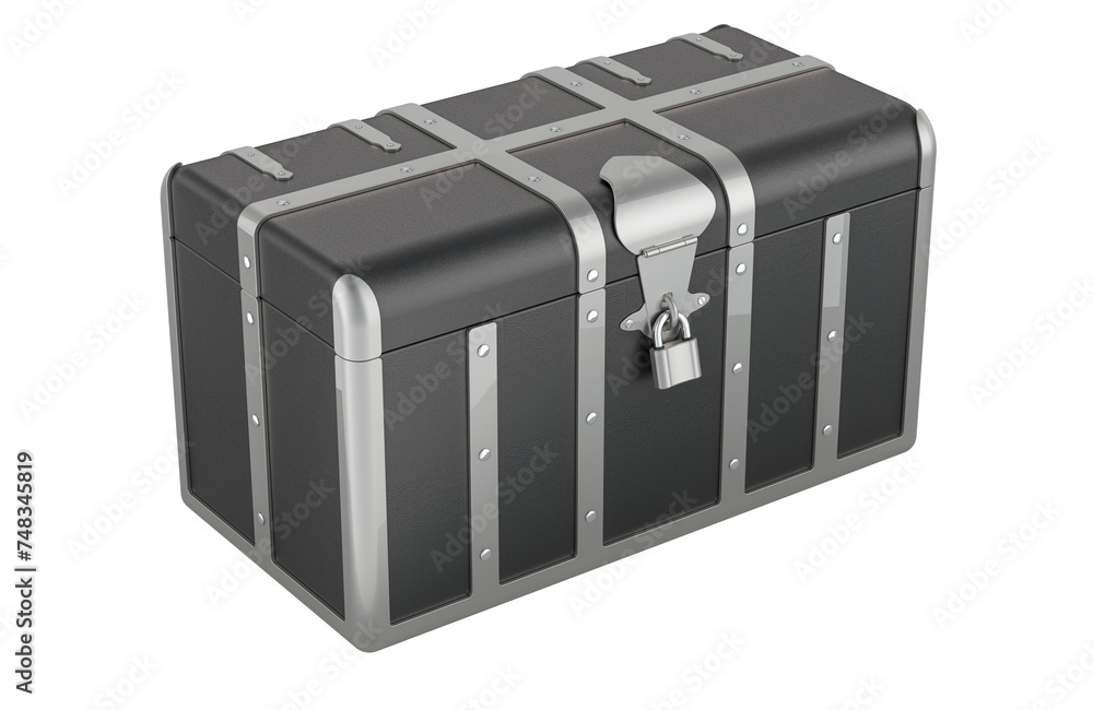 Poster treasure chest with padlock. 3d rendering isolated on transparent background