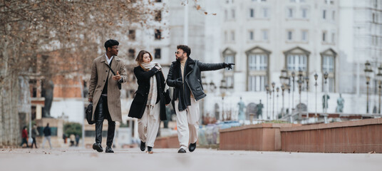 Three young business professionals discuss strategies while walking through a cityscape, showcasing dynamic remote working.