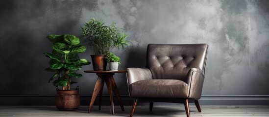 A stylish interior in loft style, featuring a gray textured plaster wall and untreated wood paneling. A comfortable leather armchair is placed next to a table holding a potted ornamental plant.