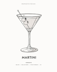 Martini. A popular cocktail garnished with olives on a skewer. A classic alcoholic drink in an elegant glass. Illustration for drinks cards, bar and wedding menus, cards and website graphics.
