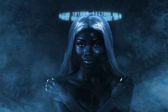 Collage 3d image of pinup pop retro sketch of lovely female hug self spa salon neon light clubbing cyber technology - Powered by Adobe