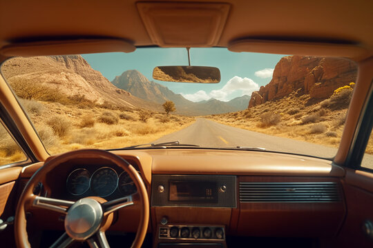 pov car passenger. Front window view mountains on road trip traveling by rental car relax back seat take photo passenger. Lifestyle vacations vibes outdoor moody mountains view. Generative Ai