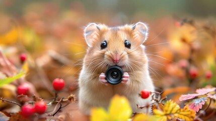 Urocza myszka fotografka z mikro małym obiektywem fotograficznym - obrazy, fototapety, plakaty