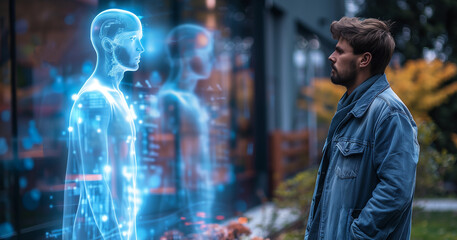 Man engages with AI avatar in VR space