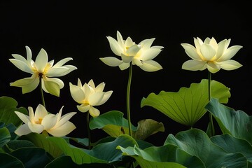 Fototapeta na wymiar White lotuses or water lilies on a black background