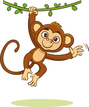 Vector illustration of cute monkey hanging on a tree branch