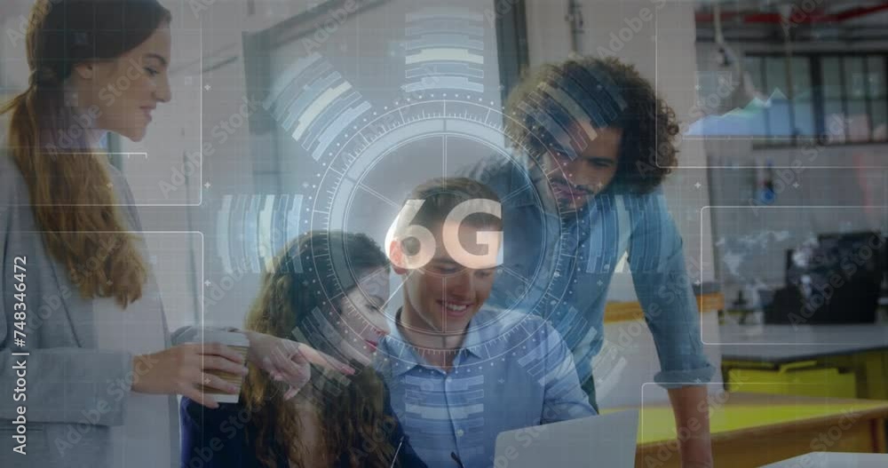 Poster animation of 6g text and data processing over diverse colleagues talking in office
