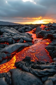 lava flowing in a field with nature in the background