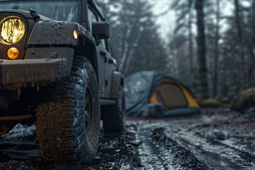 Fototapeta premium Muddy Adventure: Off-Road Vehicle and Tent in a Foggy Forest