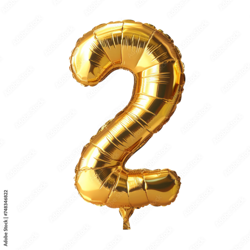 Poster set of numbers from gold color balloons. gold-colored balloons form the number two isolated in a tra