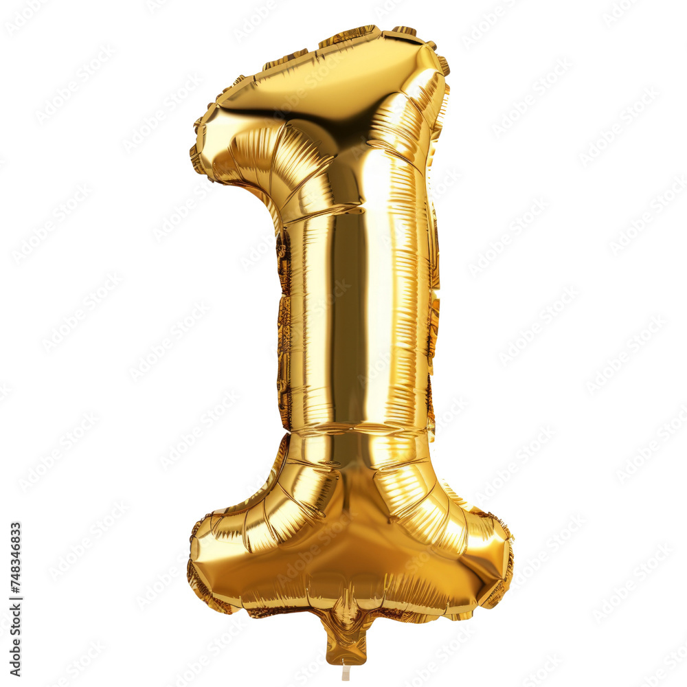 Poster set of numbers from gold color balloons. gold-colored balloons form the number one isolated in a tra