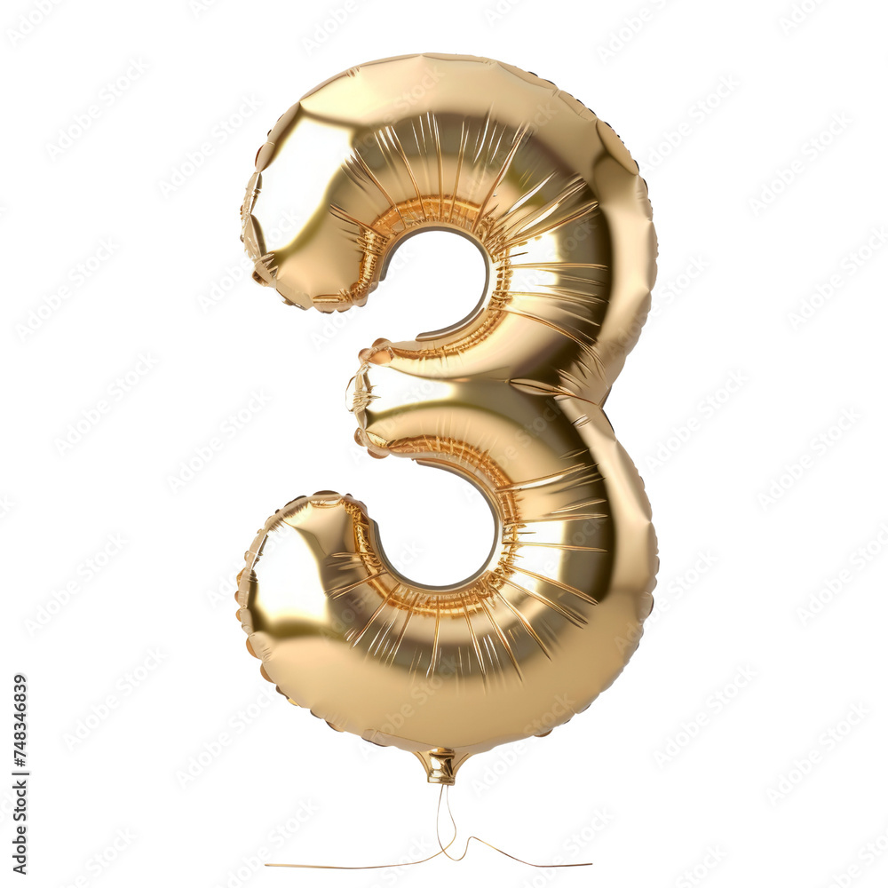 Poster set of numbers from gold color balloons. gold-colored balloons form the number three isolated in a t